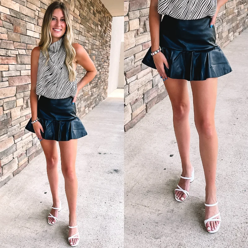 Dose of Dreamy Faux Leather Ruffle Mini Skort in Black a-line skirt cut