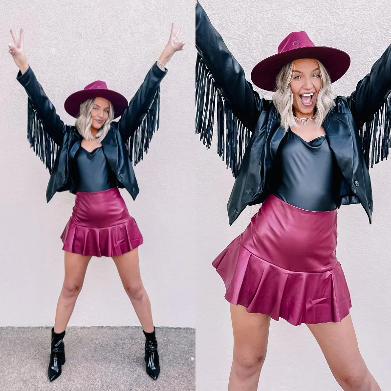 Dose of Dreamy Faux Leather Ruffle Mini Skort in Maroon seamless skirt comfort