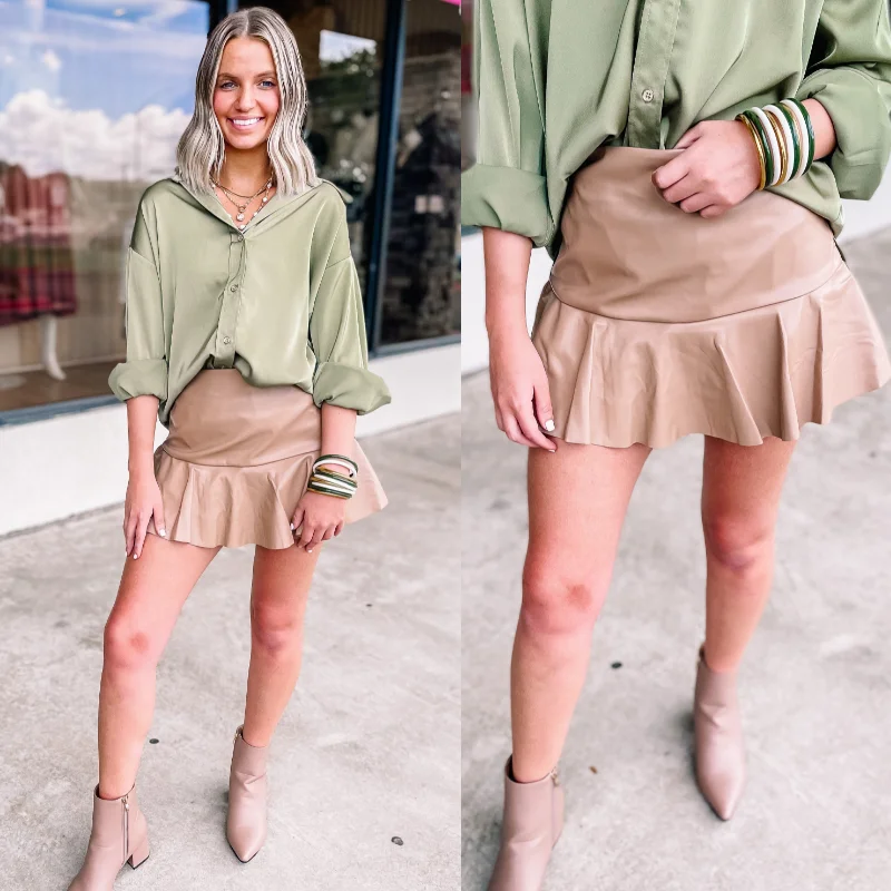 Dose of Dreamy Faux Leather Ruffle Mini Skort in Taupe relaxed fit skirt