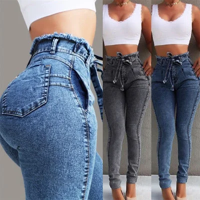 High Waist Jeans Women Streetwear Bandage Denim Plus Size Skinny Jeans for Women Trendy Bootcut High-Waisted Jeans