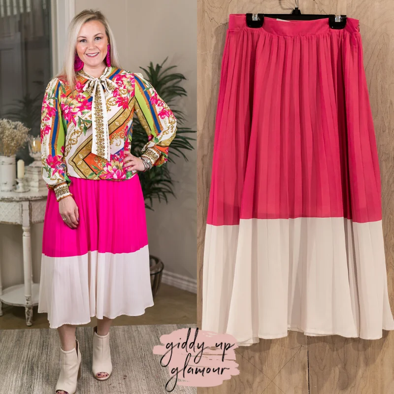 Bright Outlook Color Block High Waist Pleated Midi Skirt in Hot Pink corduroy skirt comfortable