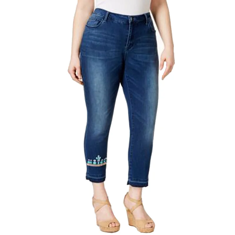 Nanette Lepore Blue Denim Embellished Cropped Skinny Jeans Plus Size Fashionable Vintage Wash Jeans