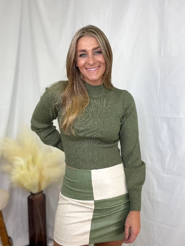 Olive Leather Color Block Skirt pleated skirt texture