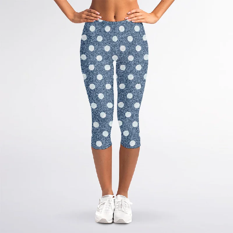 Polka Dot Denim Jeans Pattern Print Women's Capri Leggings Comfortable Full-Length Denim Jeans