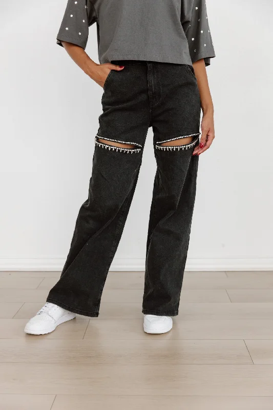 RIPPED TO PERFECTION RHINESTONE JEANS IN BLACK Casual Loose Fit Jeans