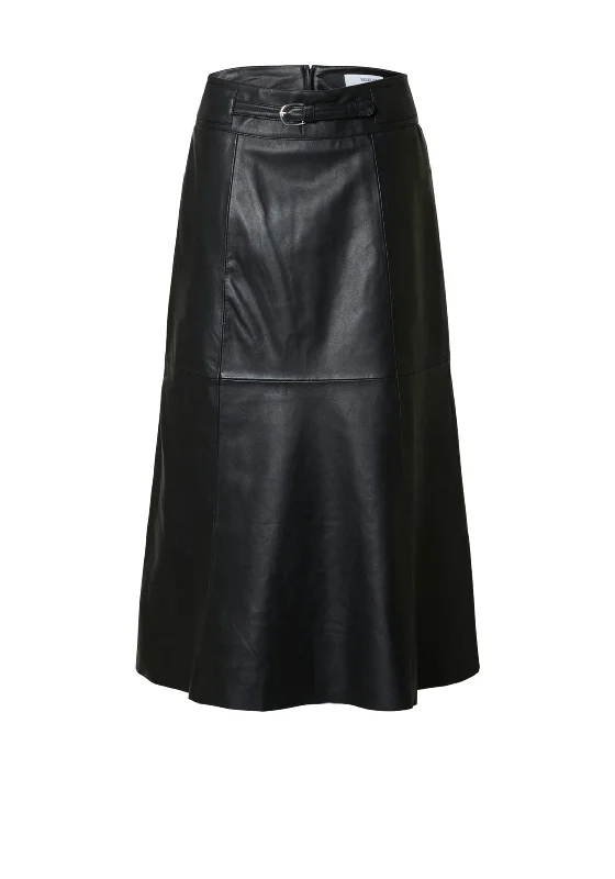 Selected Femme Ella Belted Leather Midi Skirt, Black relaxed fit skirt