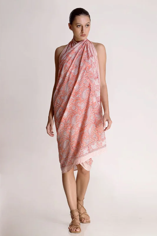 Sophie Cotton White & Peach Paisley Motif Sarong satin skirt smooth