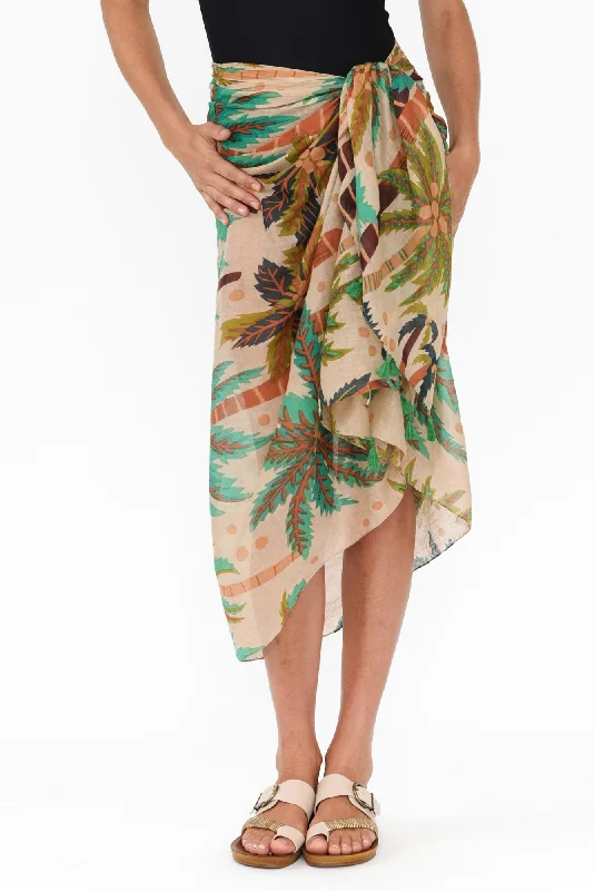 Stana Green Tropical Cotton Sarong belted skirt waist