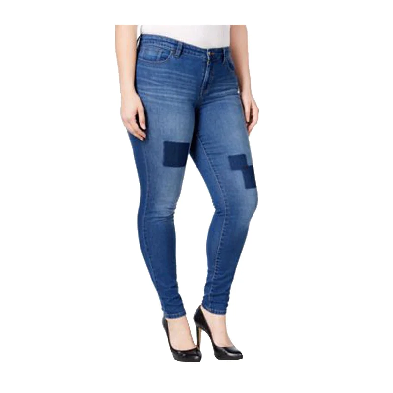 Style & Co Blue Stretch Denim Mid-Rise Slim Leg Patch Jeans Plus Size Comfortable Jogger Style Jeans