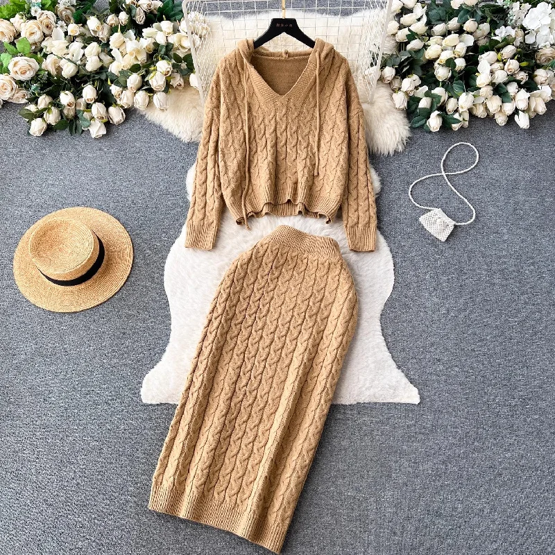 sweater suit for women casual top, mid-length skirt, knitted two-piece skirt     S4629 wool skirt sturdy