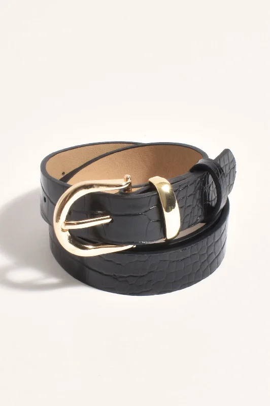 Thin Croc Jeans Belt Black/Gold Comfortable Ankle Jeans