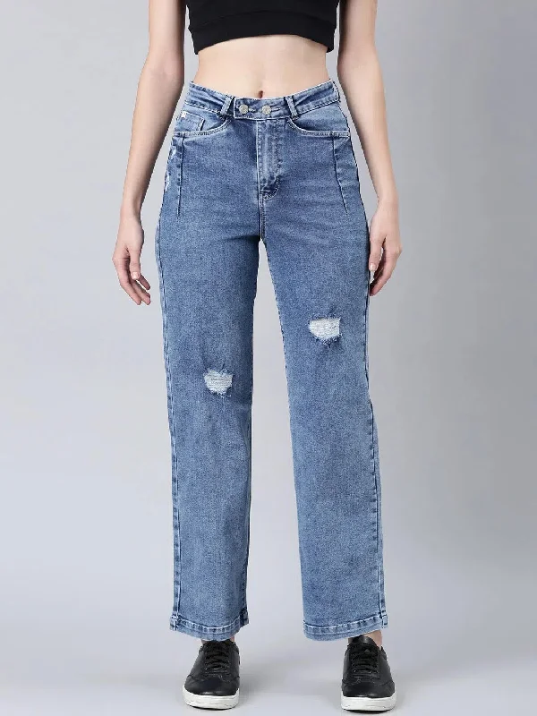 Women Blue Solid Wide Leg Denim Jeans-IM-10835-Blue Trendy Bootcut High-Waisted Jeans