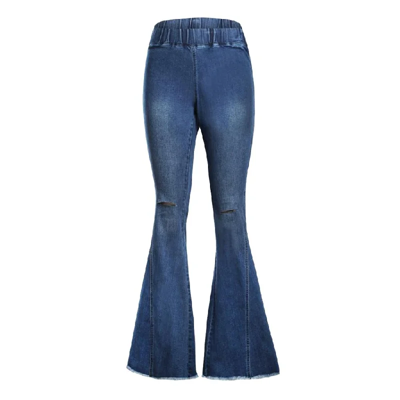 Max Womens Flared Trousers with High Waist Knee Holes Denim Jeans 2XL Fashionable Straight Cut Jeans