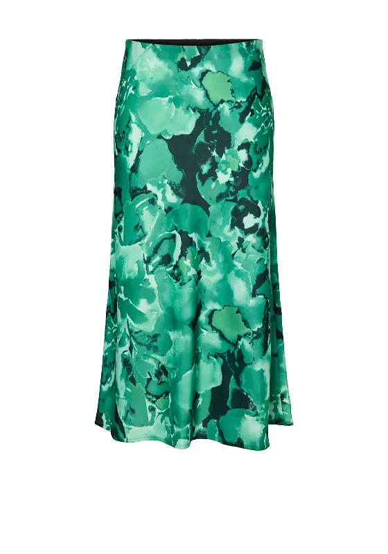 Y.A.S Pella High Waist Printed Satin Midi Skirt, Green leather skirt modern