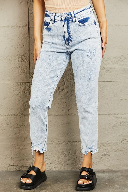 BAYEAS High Waisted Acid Wash Skinny Jeans Fashionable Raw Hemmed Jeans