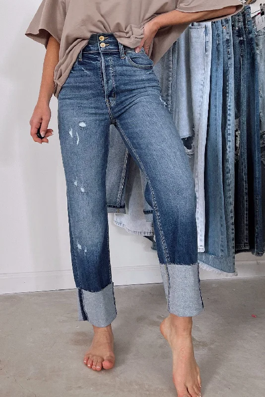 Blue High Waist Distressed Straight Leg Jeans Comfortable Stretch Fit Jeans