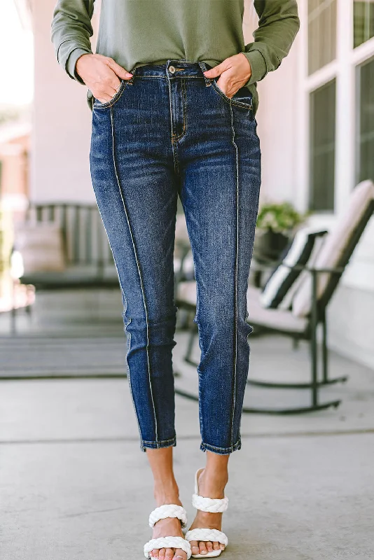 Blue Seamed High Waist Skinny Fit Jeans Fashionable Relaxed Fit Denim