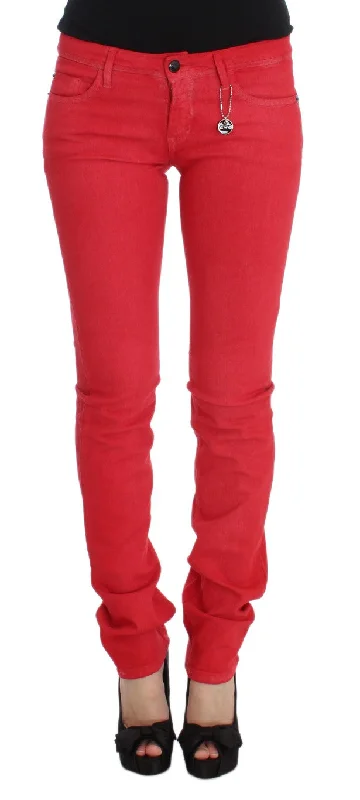 Chic Red Slim Fit Jeans Trendy Button-Up High-Waist Jeans