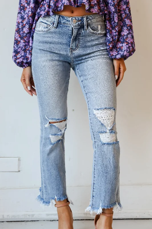 Cindy Light Wash Distressed Crop Flare Jeans Plus Comfortable Flare Leg Jeans