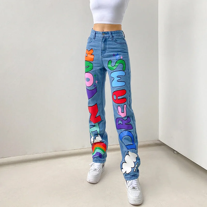 DressBetty - High Waist Print Graffiti Jeans Trendy Skinny High-Waist Jeans