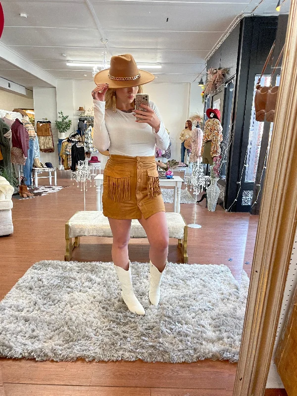 Faux Suede Fringe Pocket Mini Skirt cotton skirt soft