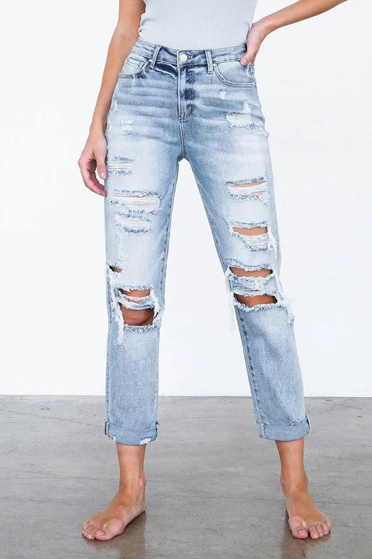 High Waist Destroyed Girlfriend Jeans Trendy Paperbag Waist Jeans