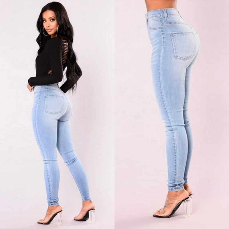 High Waist Stretch Jeans Fashionable Frayed Hem Denim