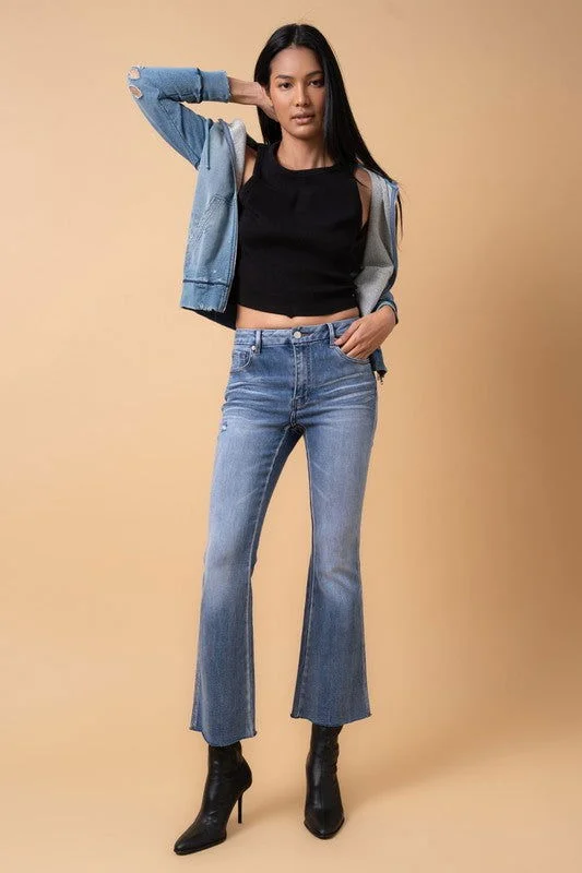 Insane Gene Mid Rise Crop Flare Jeans Trendy Button-Up High-Waist Jeans