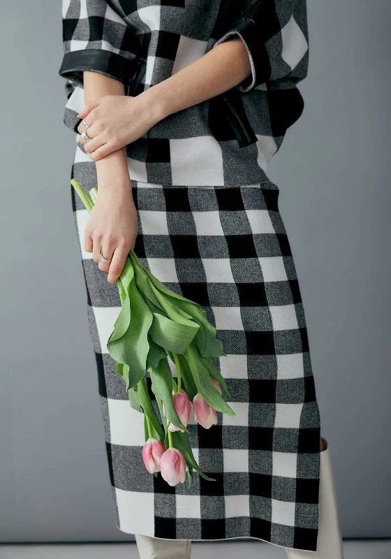 Joseph Ribkoff Plaid Jacquard Knit Midi Skirt, Black breathable skirt fabric