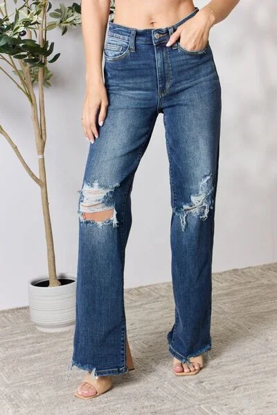 Judy Blue Full Size High Waist 90's Distressed Straight Ladies Jeans Elegant Raw Hem Jeans