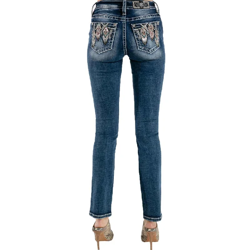 Miss Me Women's Aztec Feather Straight Leg Jeans Fashionable Raw Hem Bootcut Jeans