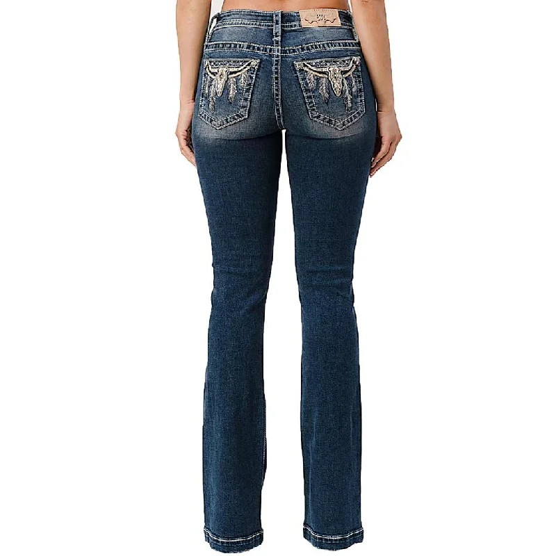 Miss Me Women's Feather Steer Head Bootcut Jeans Fashionable Slim Fit Jeans