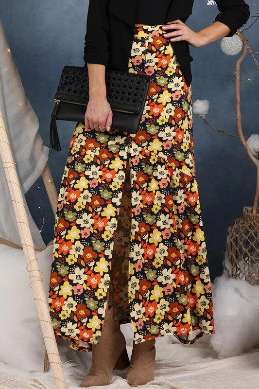 Orange Floral Button Front Maxi Skirt denim skirt durable
