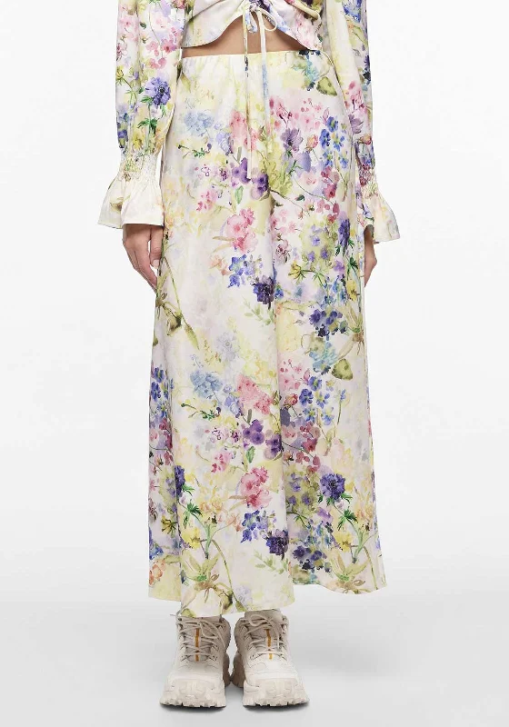 Pieces Mari High Waist Satin Floral Long Skirt, Cloud Dancer corduroy skirt durable