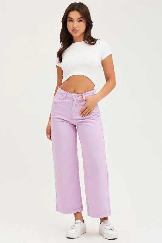 Purple Denim Jeans Wide Leg High Rise Cropped Trendy Acid Wash Skinny Jeans