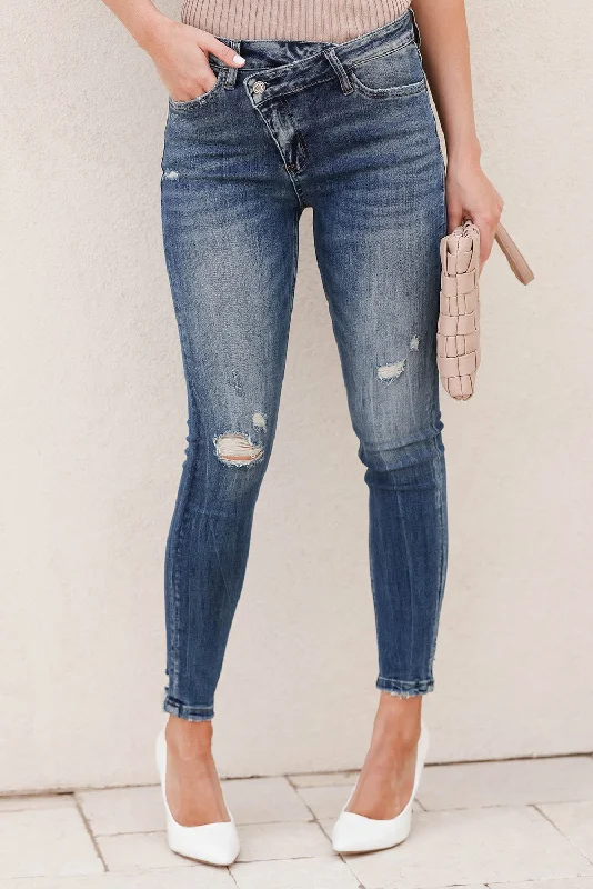 Sky Blue Asymmetric Button Zip Fly Distressed Skinny Jeans Comfortable Flare Leg Jeans