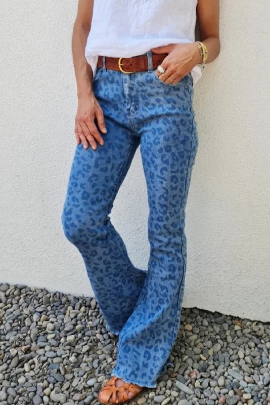 Sky Blue Leopard Print Raw Hem High Waist Flare Jeans Elegant Skinny Leg Jeans