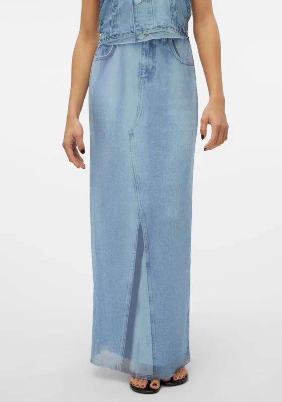 SOMETHINGNEW Denise Denim Print Mesh Maxi Skirt, Light Blue wool skirt thick