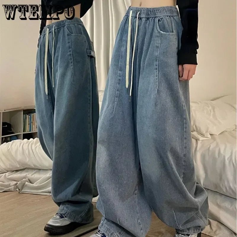 Spring Women Vintage Baggy Jeans Elastic Waist Oversized American Trouser Comfortable Ankle Jeans