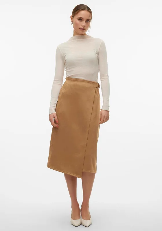 Vero Moda Thea Faux Suede Wrap Midi Skirt, Tan ruffled skirt detail