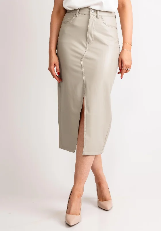 Vero Moda Veri Faux Leather Midi Skirt, Stone Grey denim skirt stylish