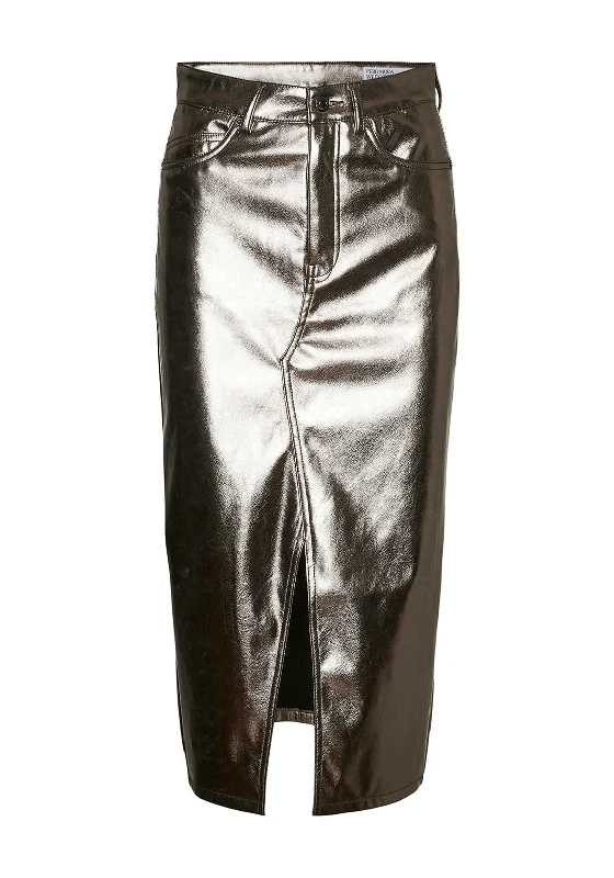 Vero Moda Veri Metallic Midi Skirt, Grey denim skirt stylish