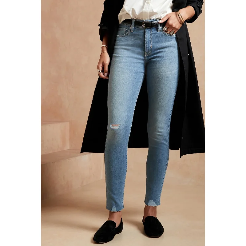 Blue Mid Rise Skinny Ripped Jeans Comfortable Flare Leg Jeans