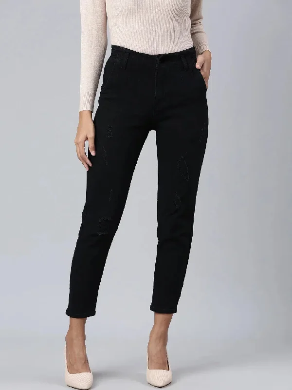 Women Black Solid Mom Fit Denim Jeans-GZ-5585-Black Fashionable Frayed Hem Denim