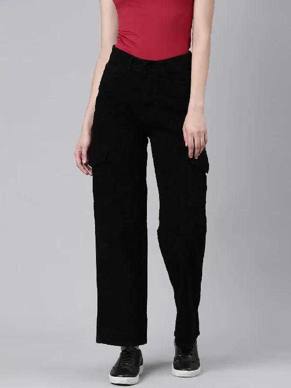 Women Black Solid Wide Leg Denim Jeans-GZ-5778-Black Elegant Wide-Leg Jeans