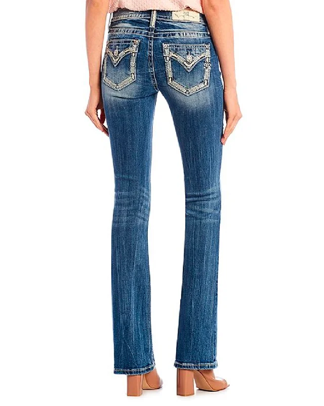 Women's Destructed Embellished Stitch Floral Bootcut Jeans Comfortable Faded High-Rise Jeans