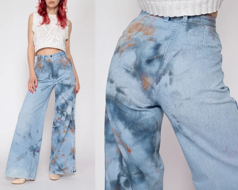 XXS 70s Tie Dye Flared Sailor Jeans 22" Trendy Colored Denim Jeans