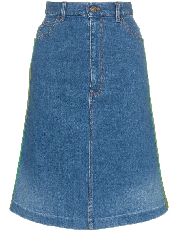 contrast side stripe A-line denim skirt zip skirt side