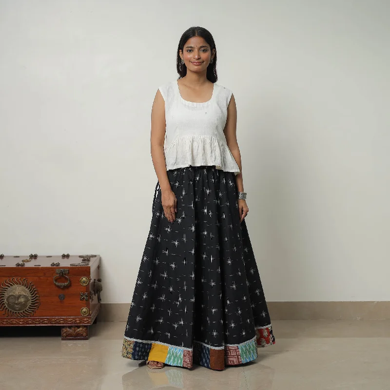 Black - 24 Kali Cotton Pochampally Ikat Skirt with Border 18 velvet skirt luxurious