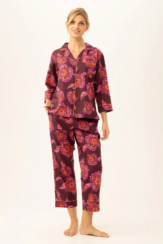 African Floral Women's 3/4-Sleeve Cropped Pant Poplin PJ Set Classic Bootcut Trousers